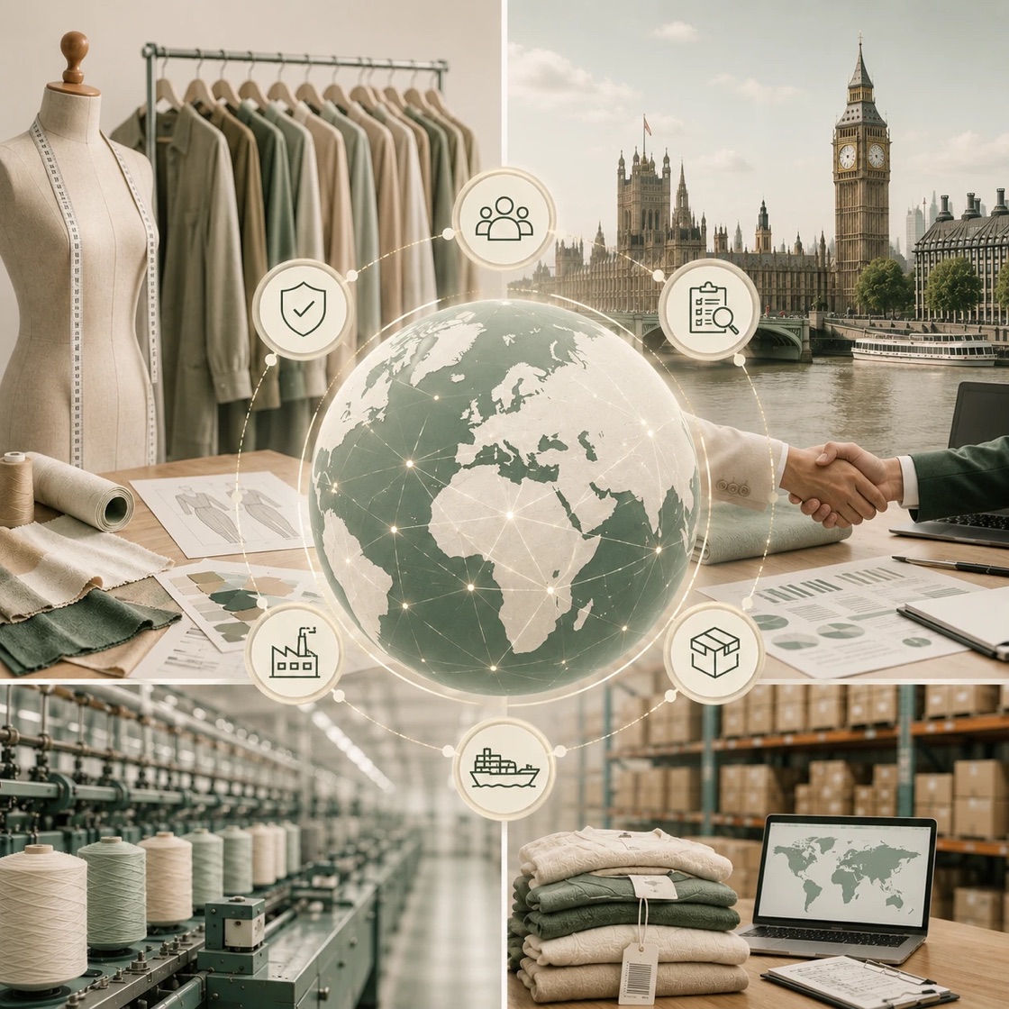 Global fashion sourcing and supply chain: garment design and UK-based expertise, textile manufacturing, supplier quality checks, shipping and warehousing.